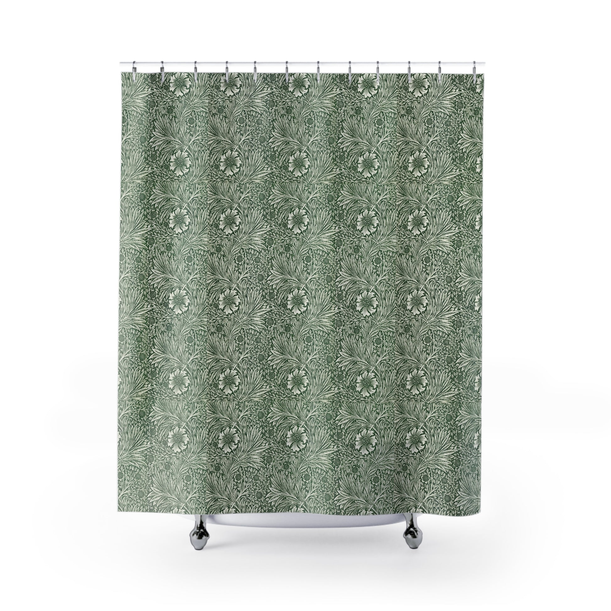 Green floral patterned shower curtain on a white background