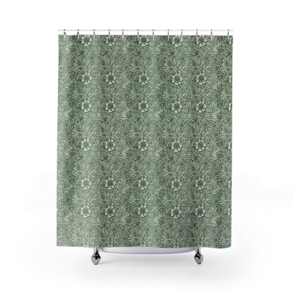 Green floral patterned shower curtain on a white background
