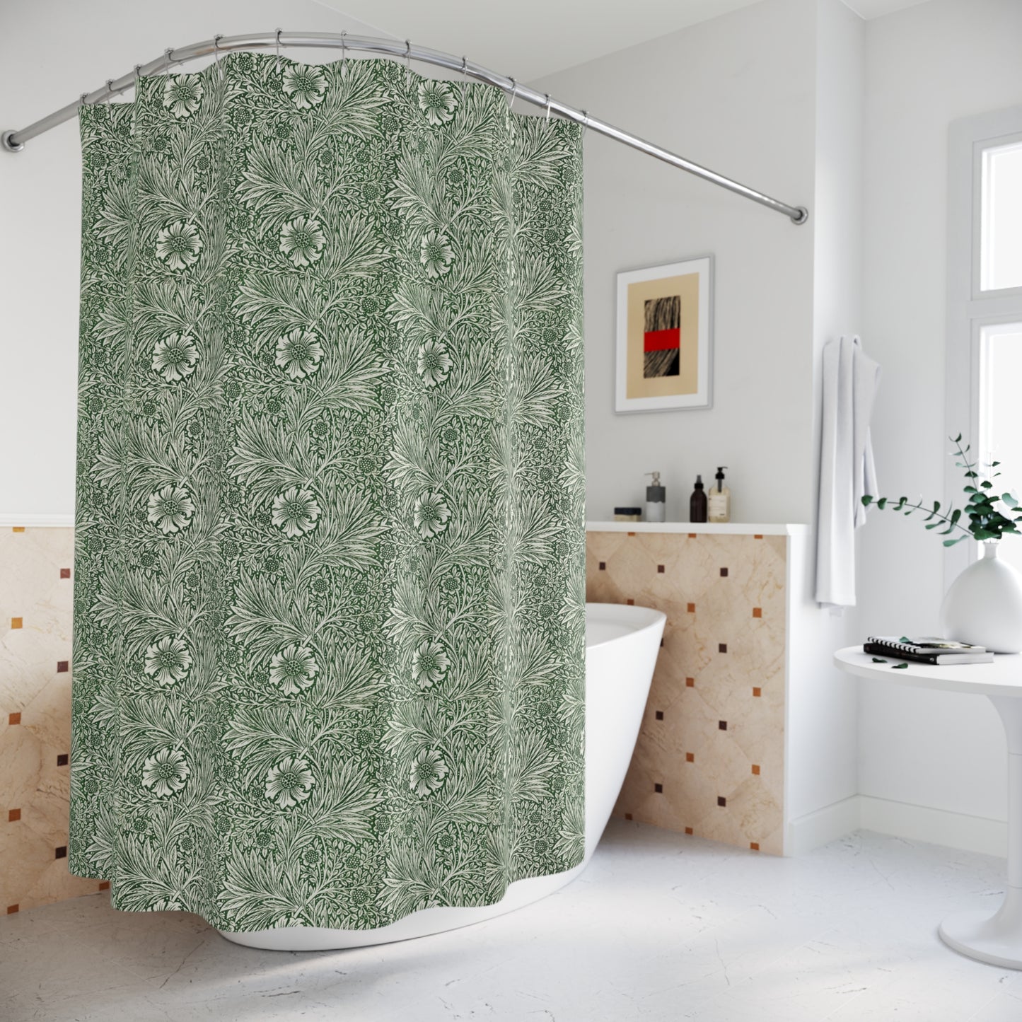 Green floral-patterned shower curtain in a bathroom setting
