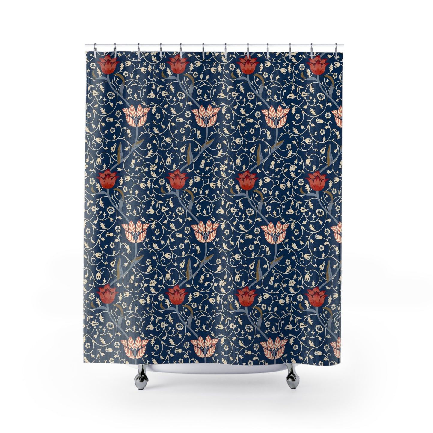 Shower curtain with floral pattern on a blue background