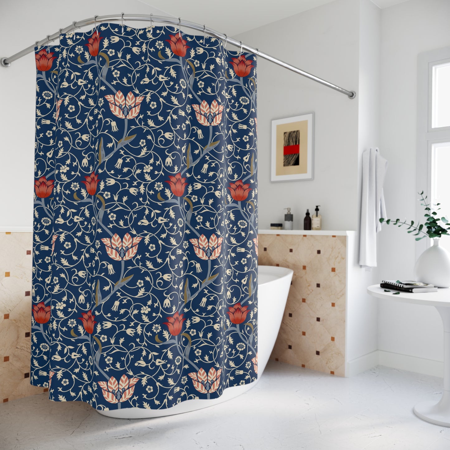 Shower curtain with floral pattern in a bathroom setting