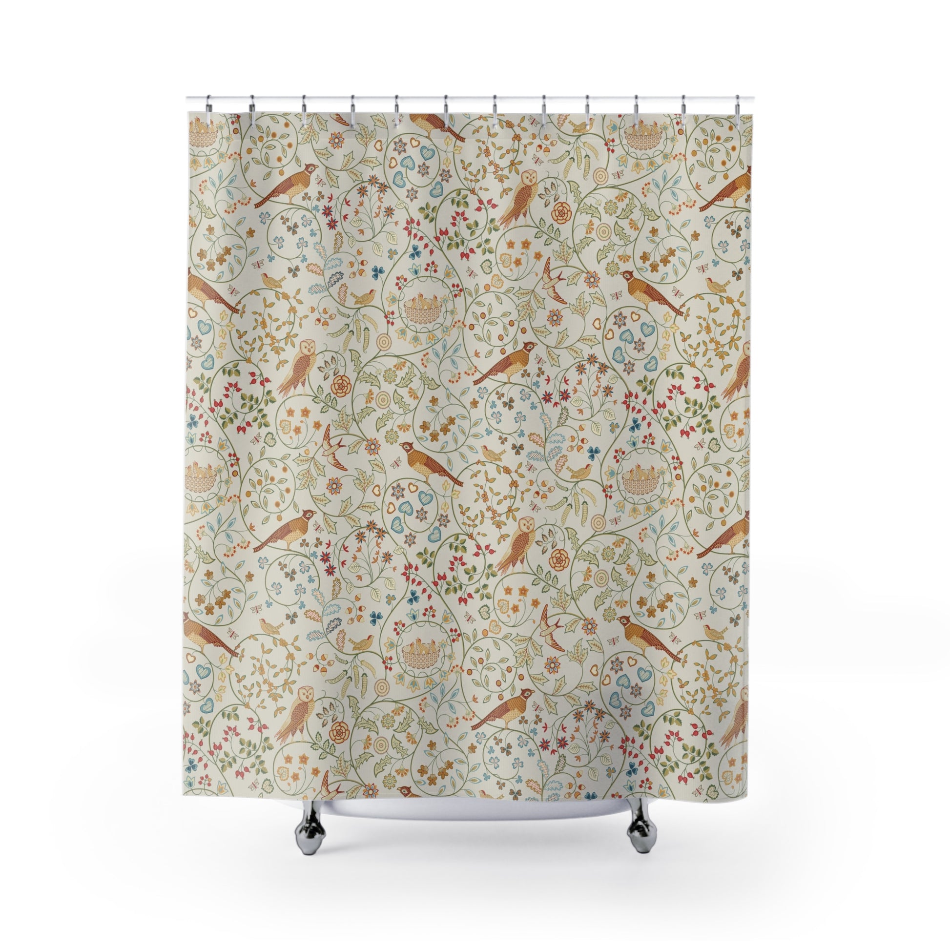 A beige shower curtain with a multicolored floral and bird pattern, inspired by William Morris.