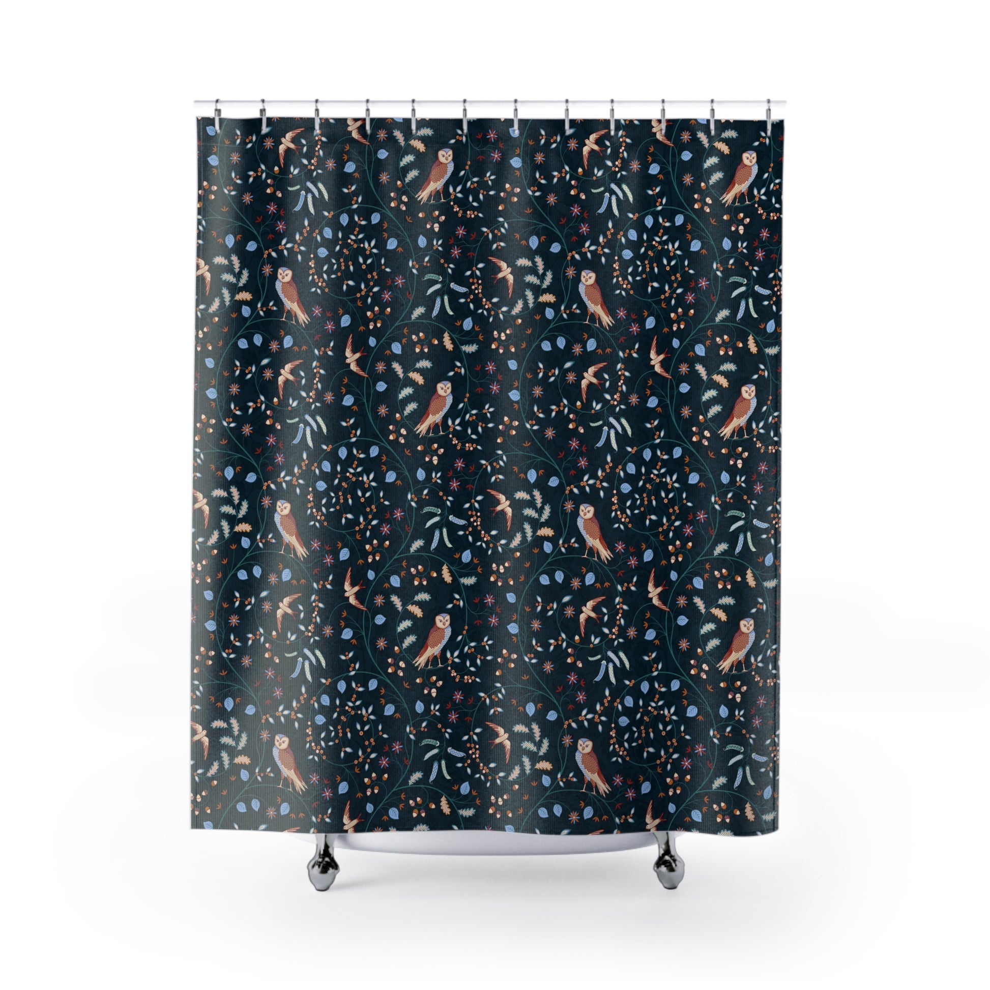 Shower curtain with nature-themed design on a white background