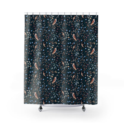 Shower curtain with nature-themed design on a white background