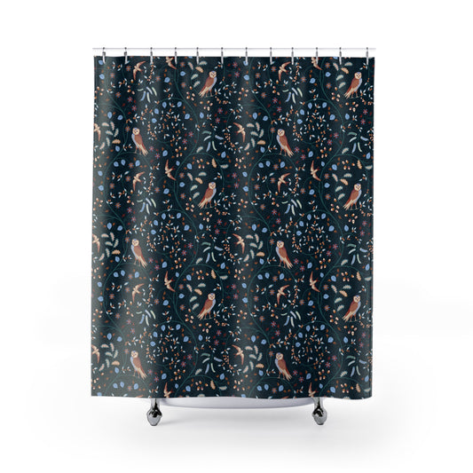 Shower curtain with nature-themed design on a white background