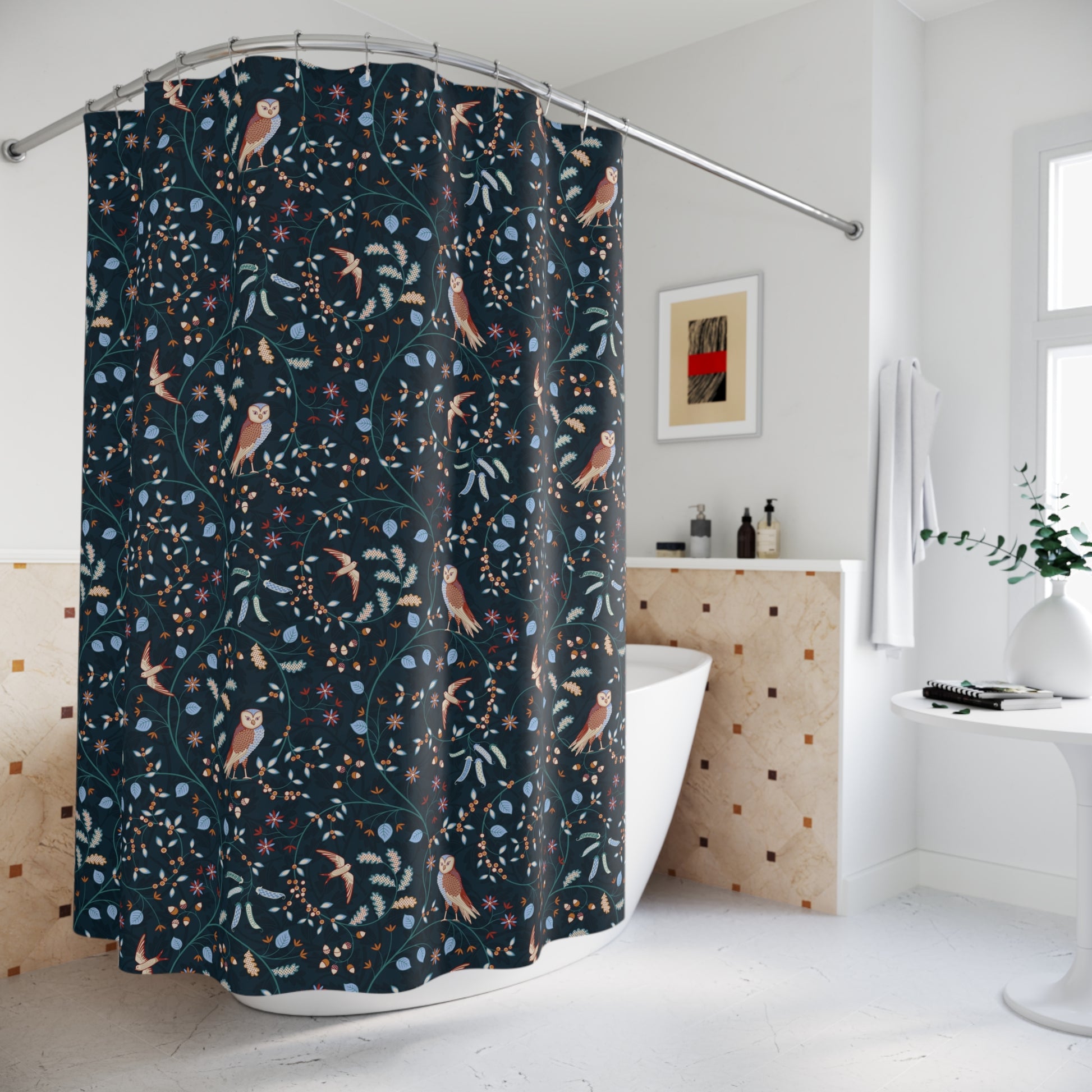 Shower curtain with bird and floral pattern in a bathroom setting