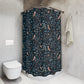 Shower curtain with bird and floral pattern in a bathroom setting