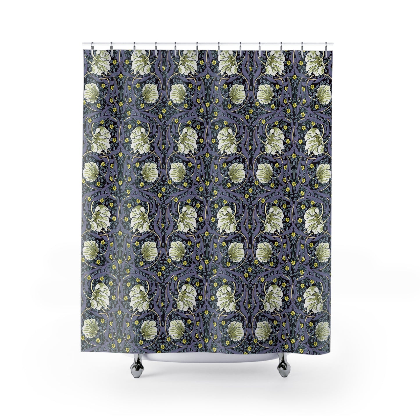 Shower curtain with floral pattern on a white background