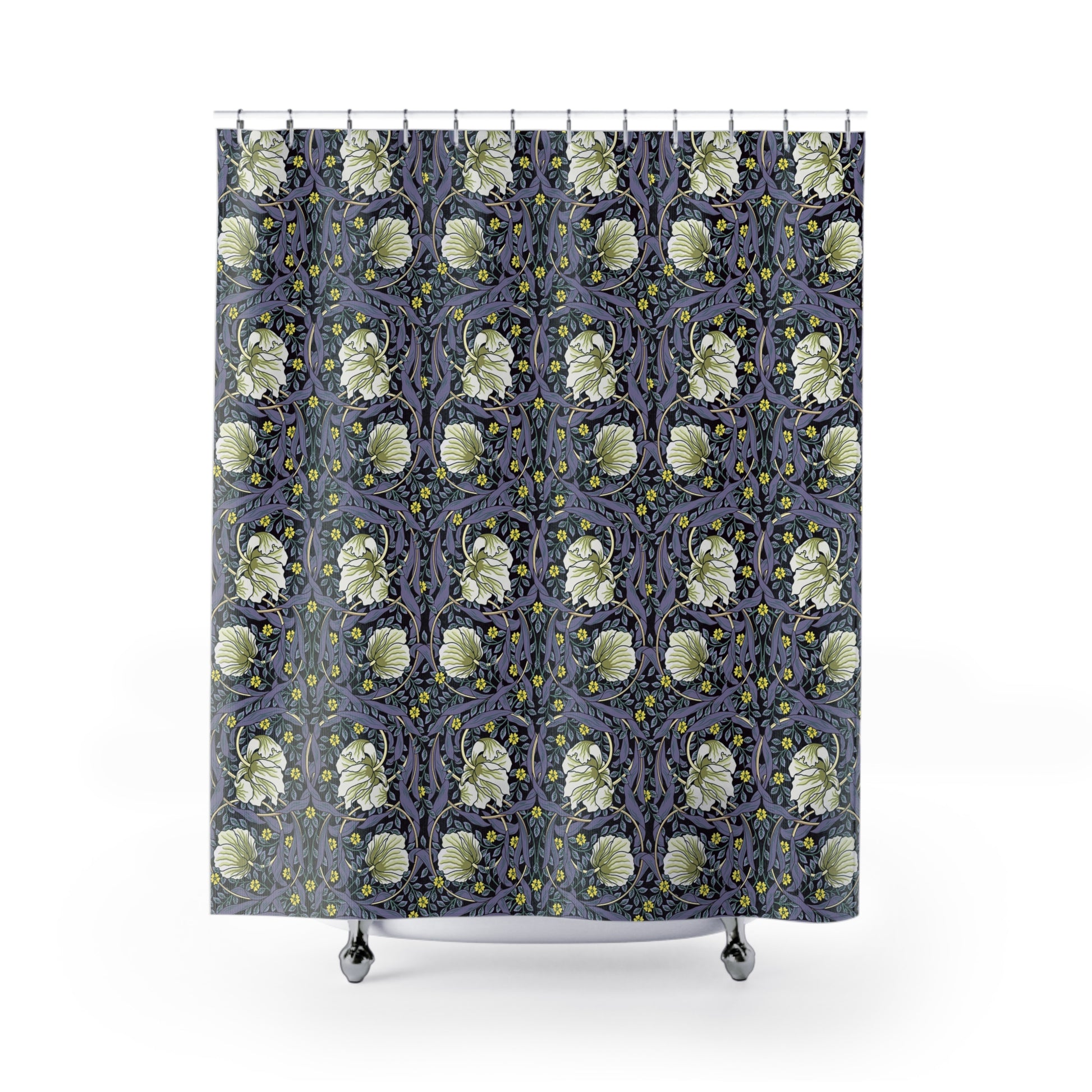 Shower curtain with floral pattern on a white background