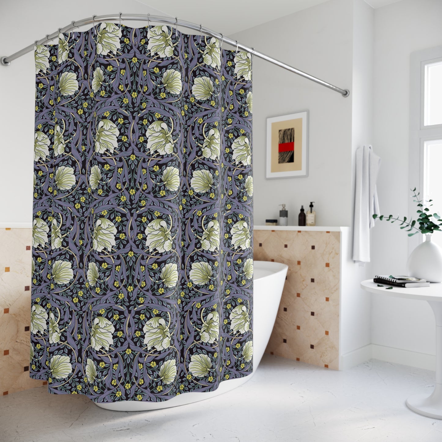 Shower curtain with green floral pattern in a bathroom setting
