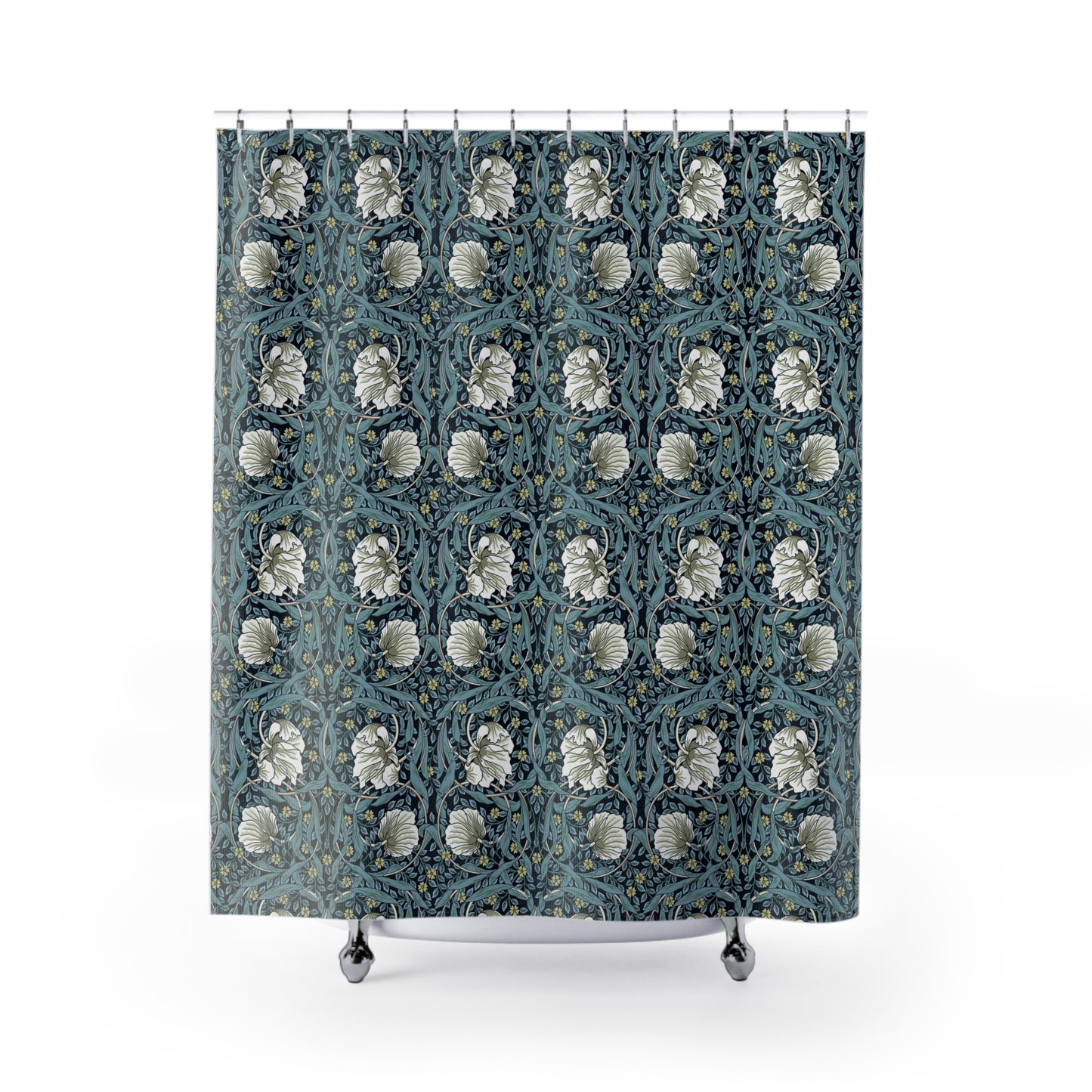 Shower curtain with floral pattern on a white background