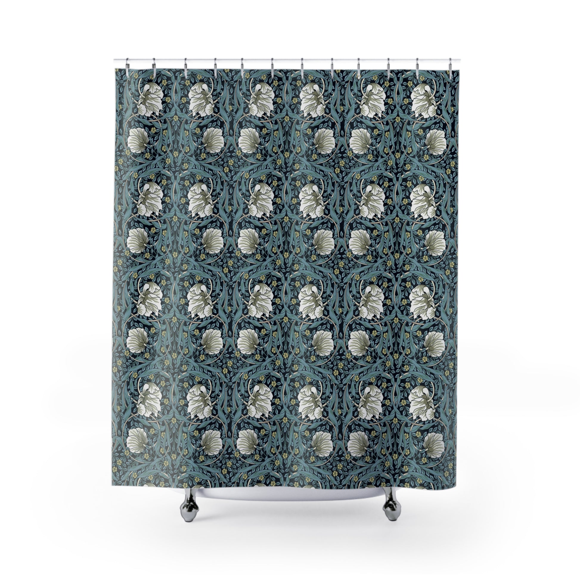 Shower curtain with floral pattern on a white background