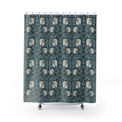 Shower curtain with floral pattern on a white background