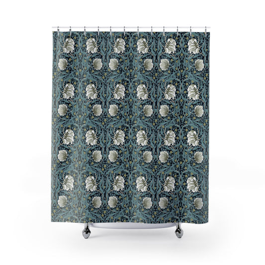 Shower curtain with floral pattern on a white background