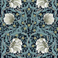 Floral pattern with white flowers and green leaves on a dark blue background