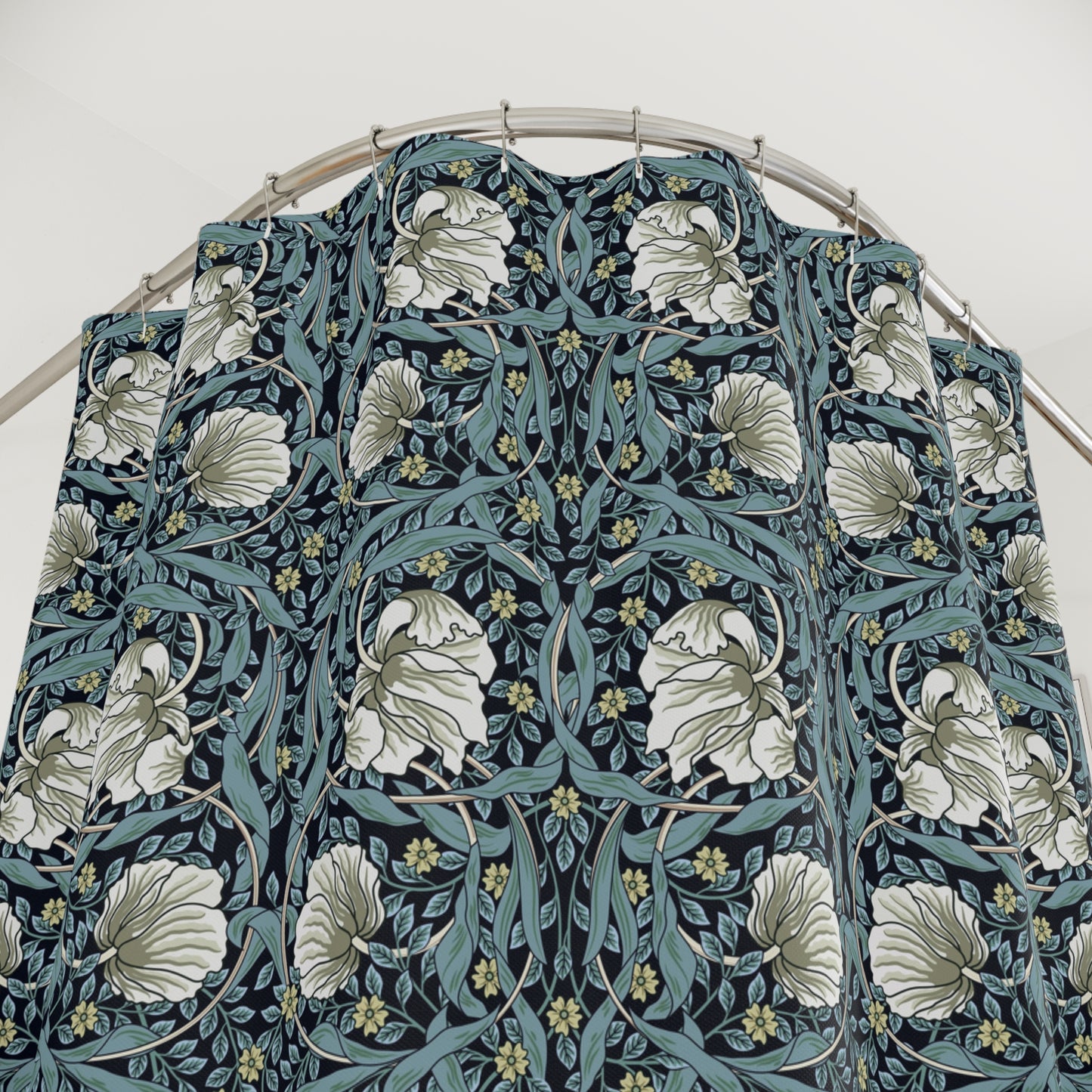 Floral patterned PVC shower curtain against a white background