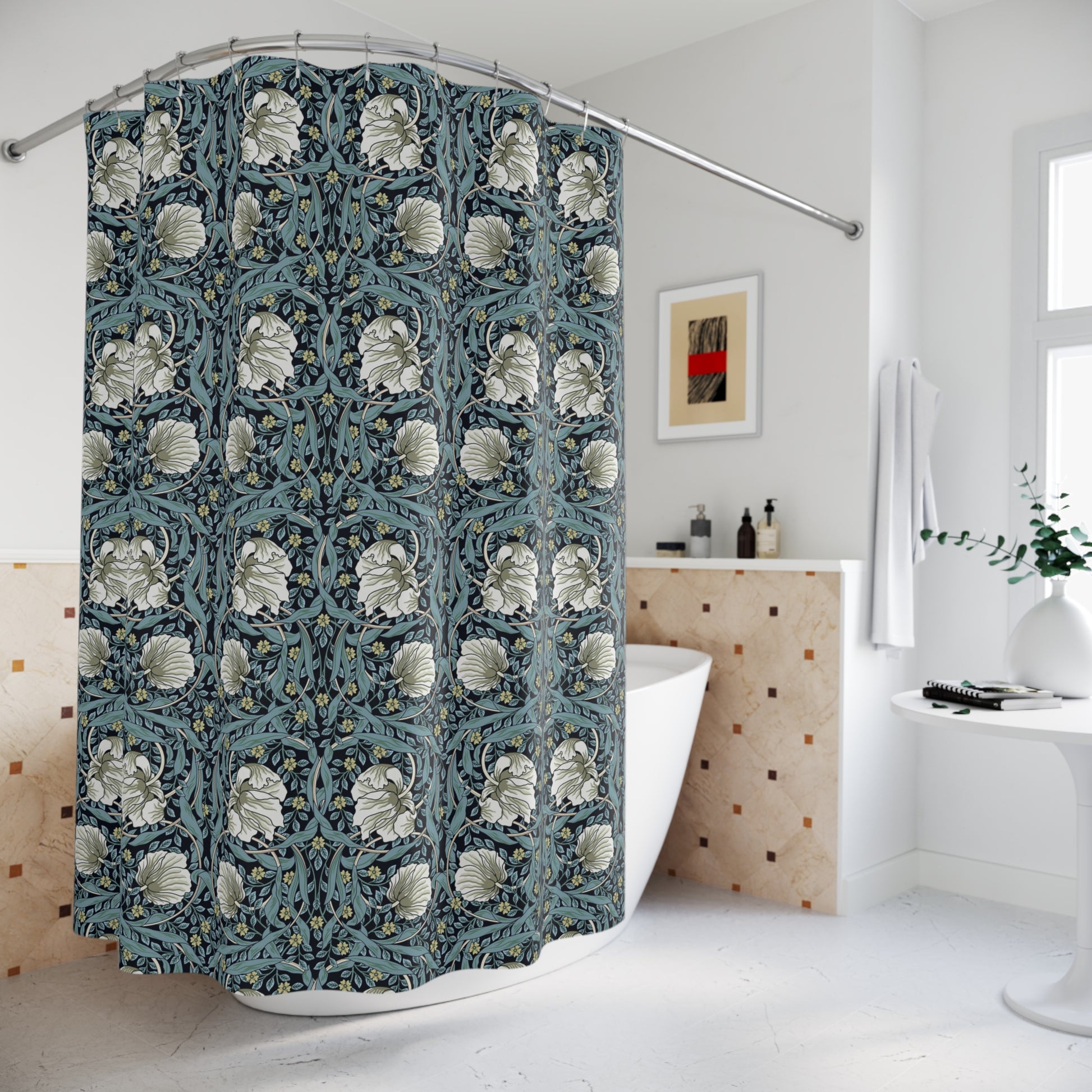 Shower curtain with floral pattern in a bathroom setting