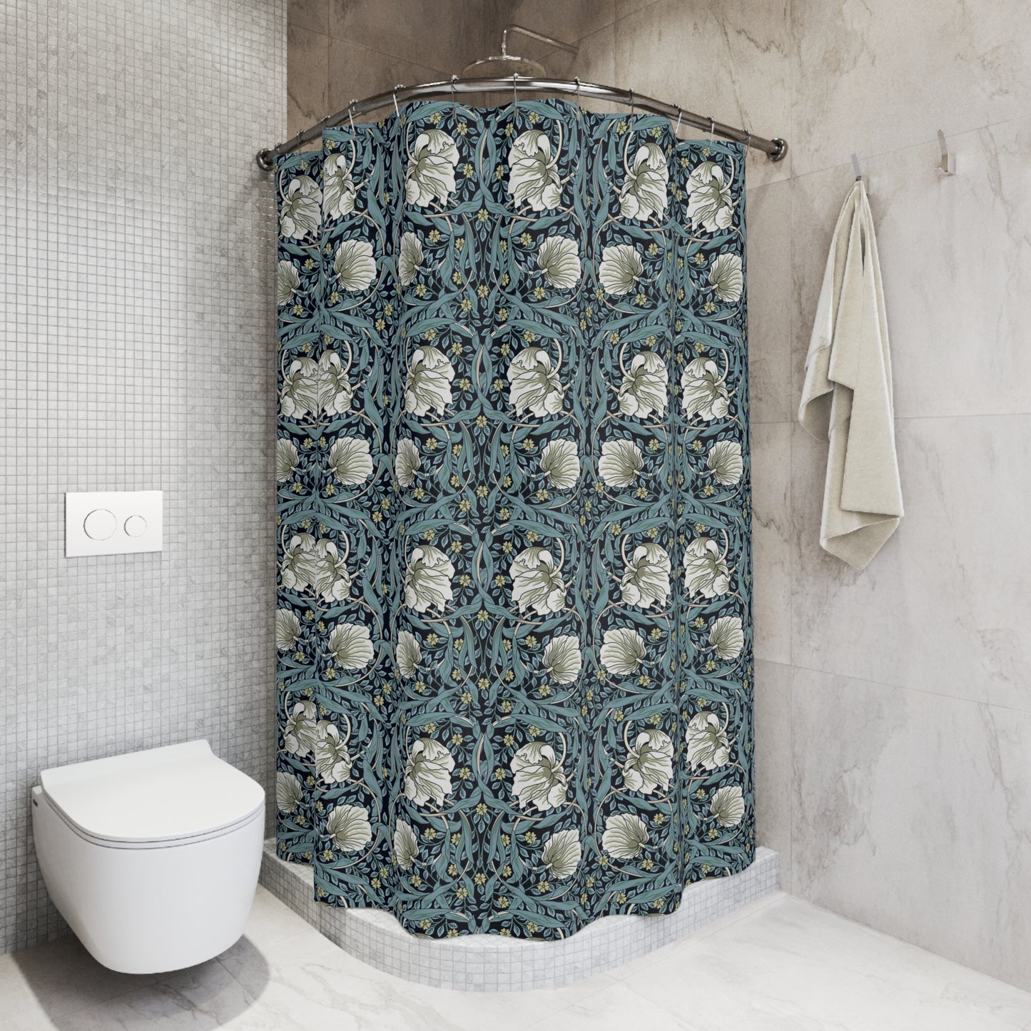 Shower curtain with floral pattern in a bathroom setting