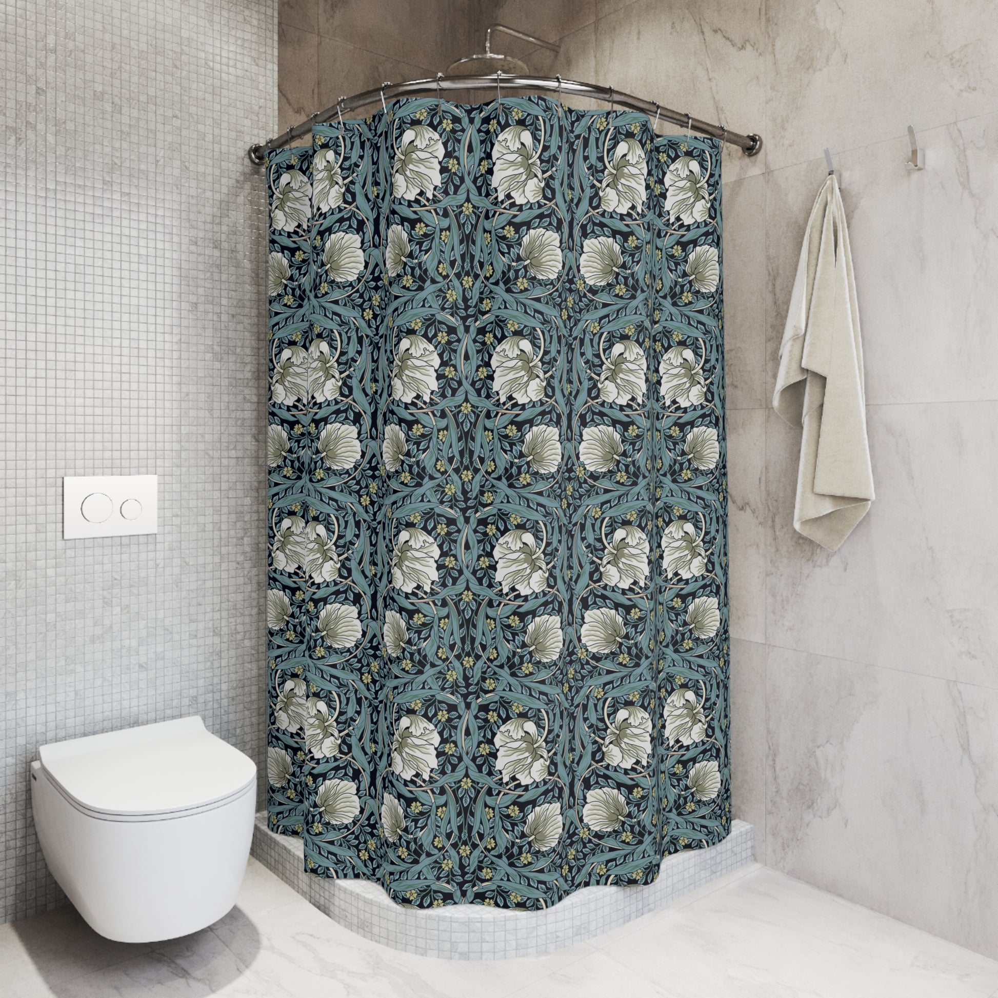 Shower curtain with floral pattern in a bathroom setting