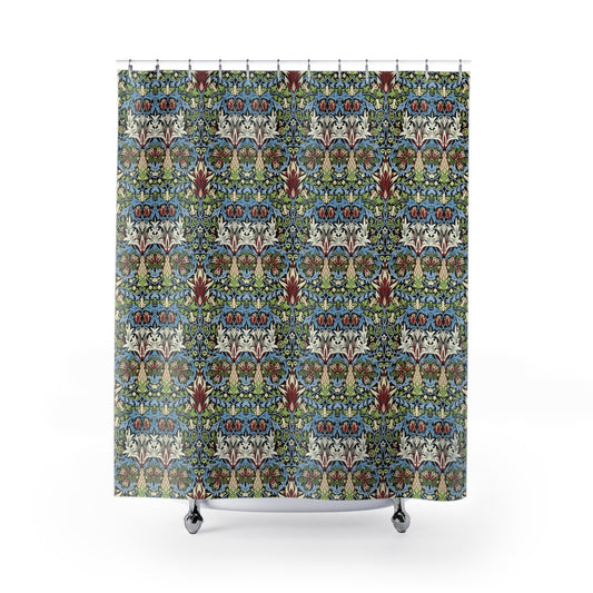 Patterned shower curtain with a colorful design on a white background