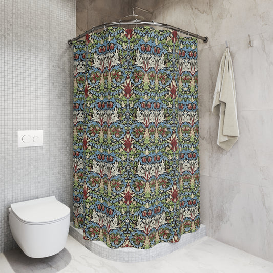 Bathroom with a floral patterned shower curtain and a white toilet.