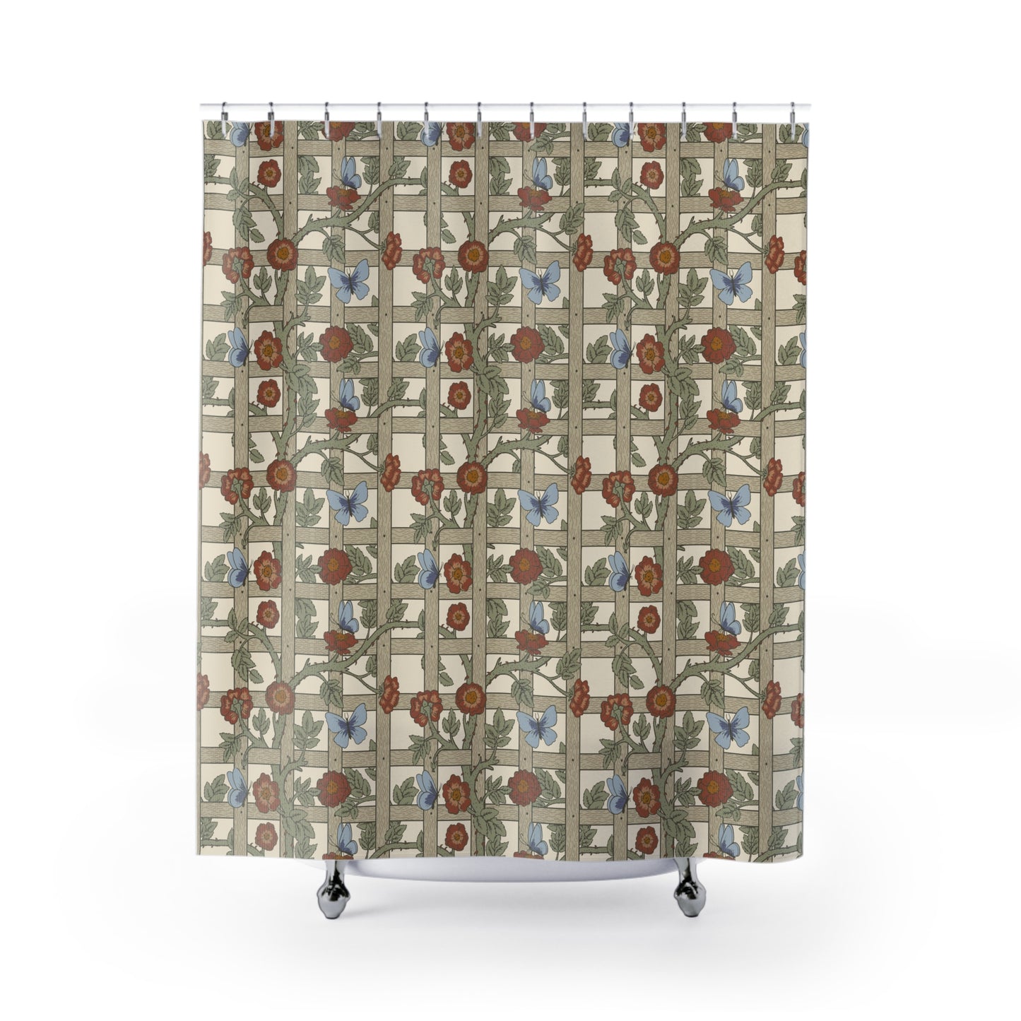 A shower curtain with a geometric William Morris & Co pattern featuring floral elements in beige, red, and blue colours on a white background.