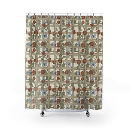 A shower curtain with a geometric William Morris & Co pattern featuring floral elements in beige, red, and blue colours on a white background.