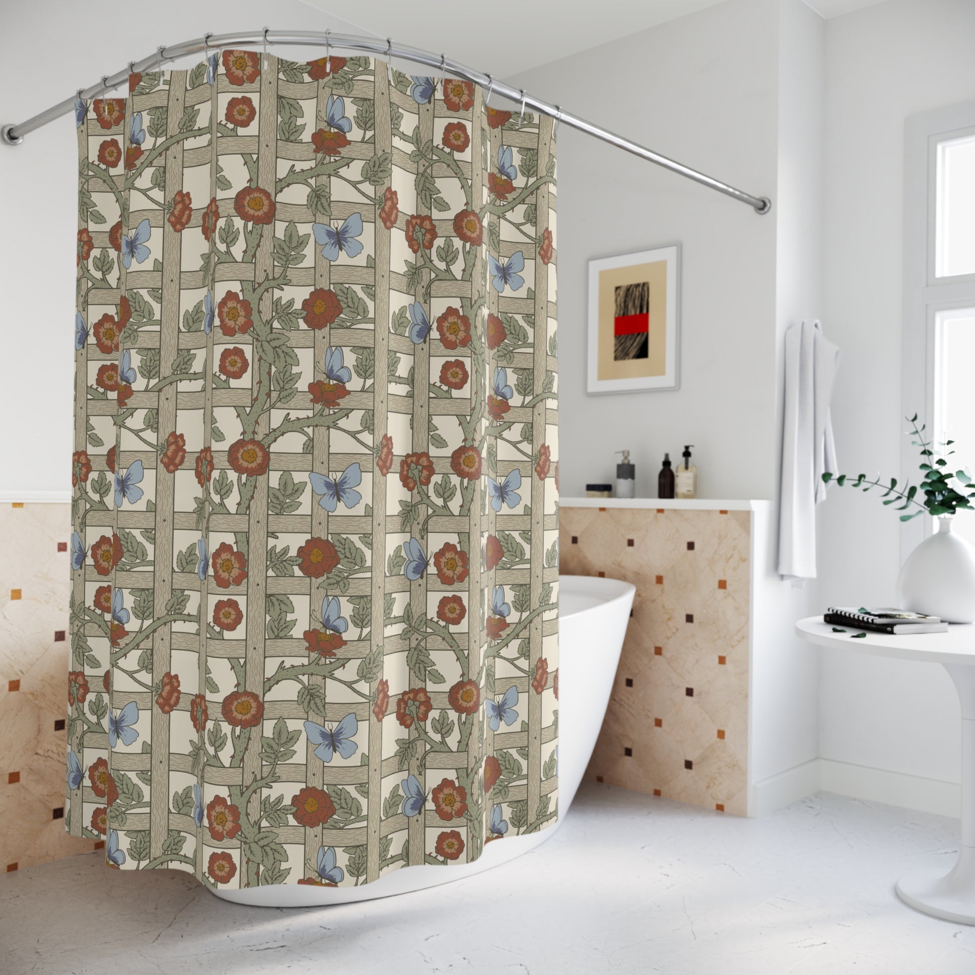 A shower curtain with a geometric William Morris & Co pattern featuring floral elements in beige, red, and blue colours on a white background.