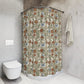 A shower curtain with a geometric William Morris & Co pattern featuring floral elements in beige, red, and blue colours on a white background.