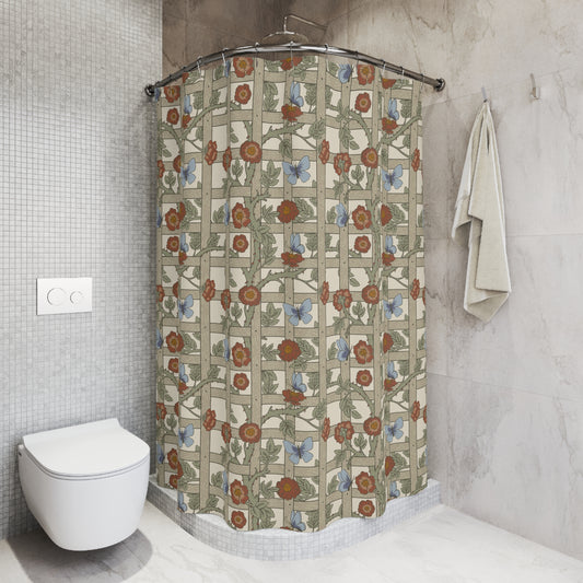 A shower curtain with a geometric William Morris & Co pattern featuring floral elements in beige, red, and blue colours on a white background.