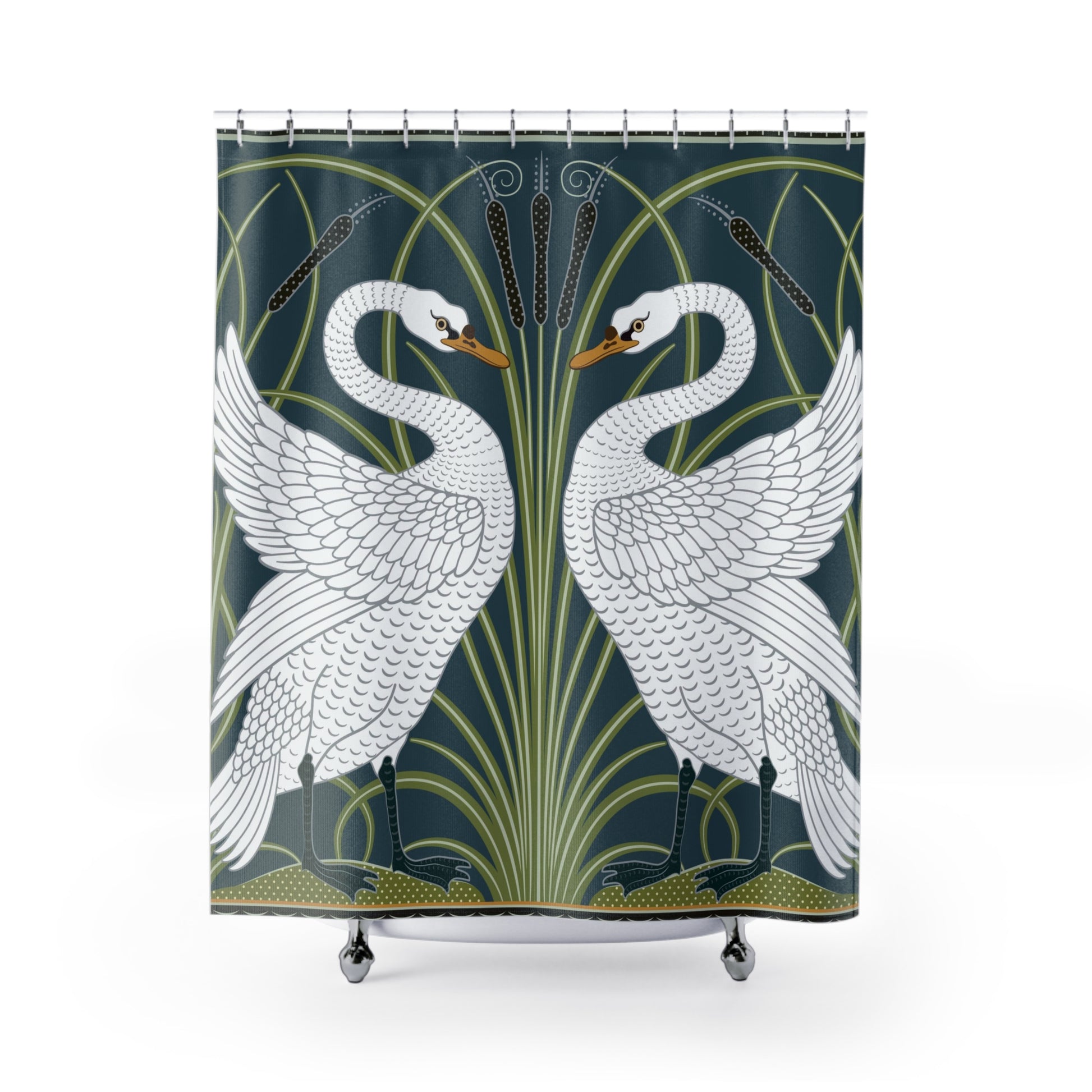 Shower curtain with white swan design on a dark green background