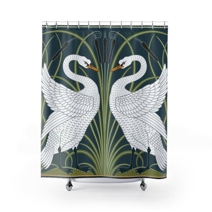 Shower curtain with white swan design on a dark green background