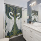 Bathroom with a decorative shower curtain featuring two swans.