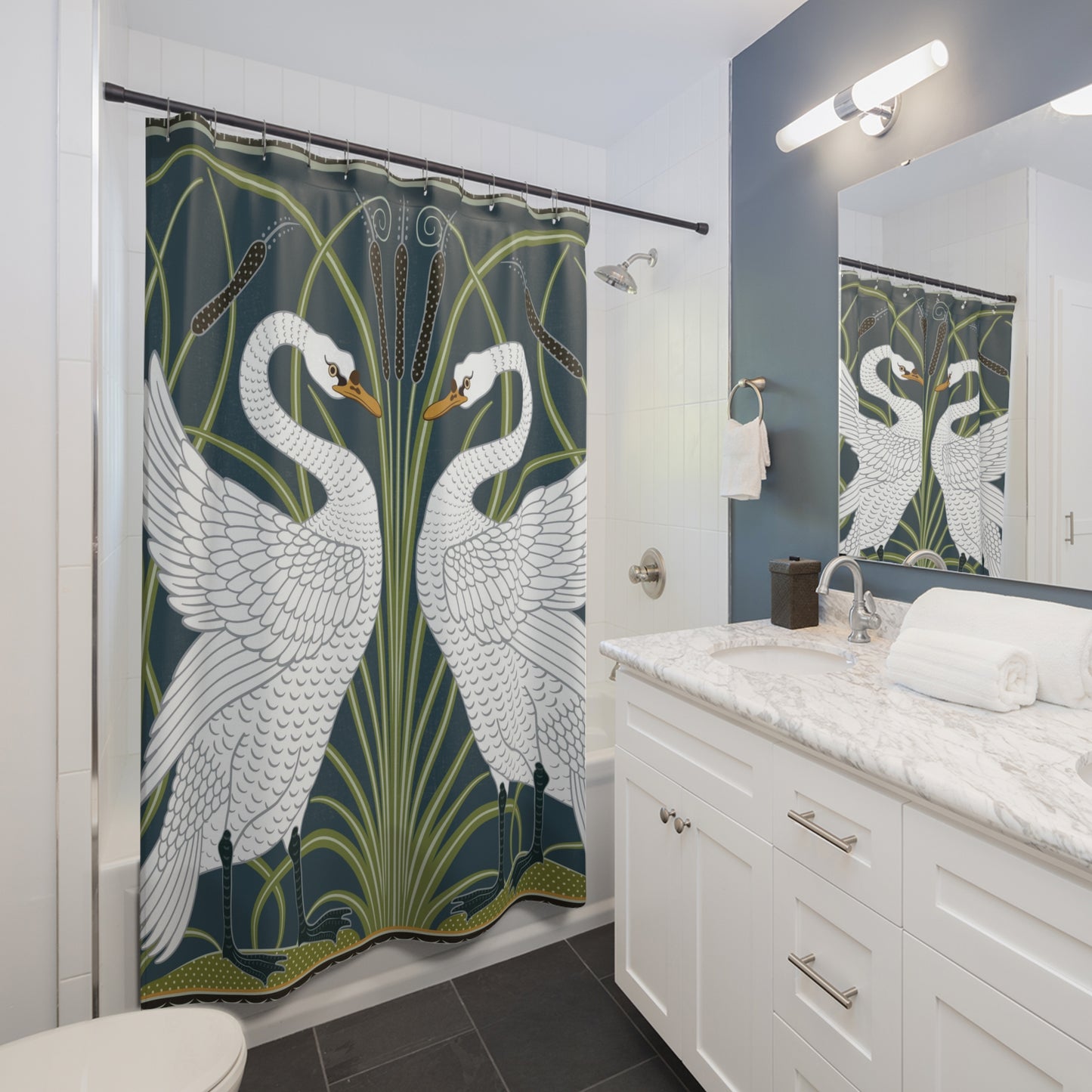 Bathroom with a decorative shower curtain featuring two swans.