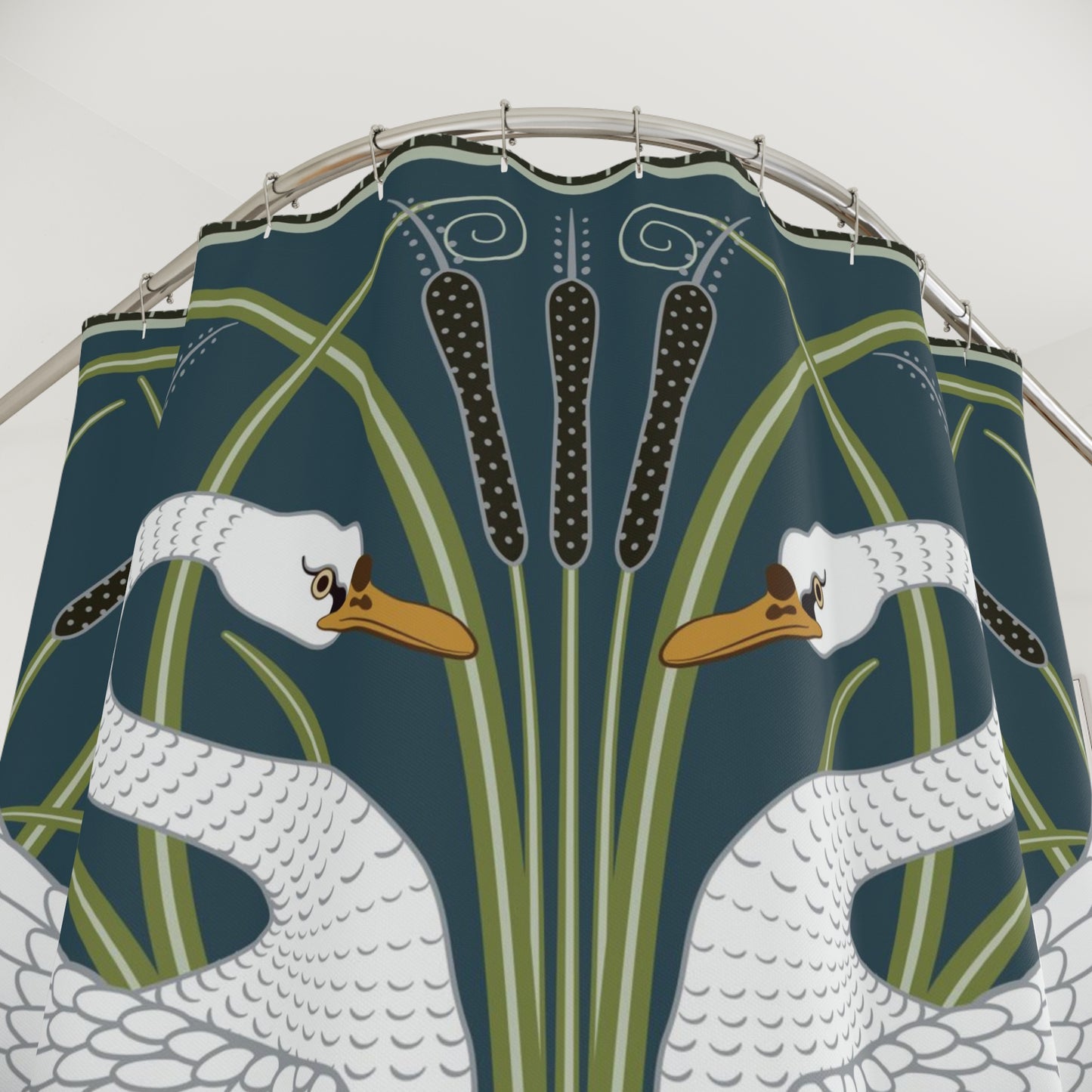 Shower curtain with swan and plant design on a white background