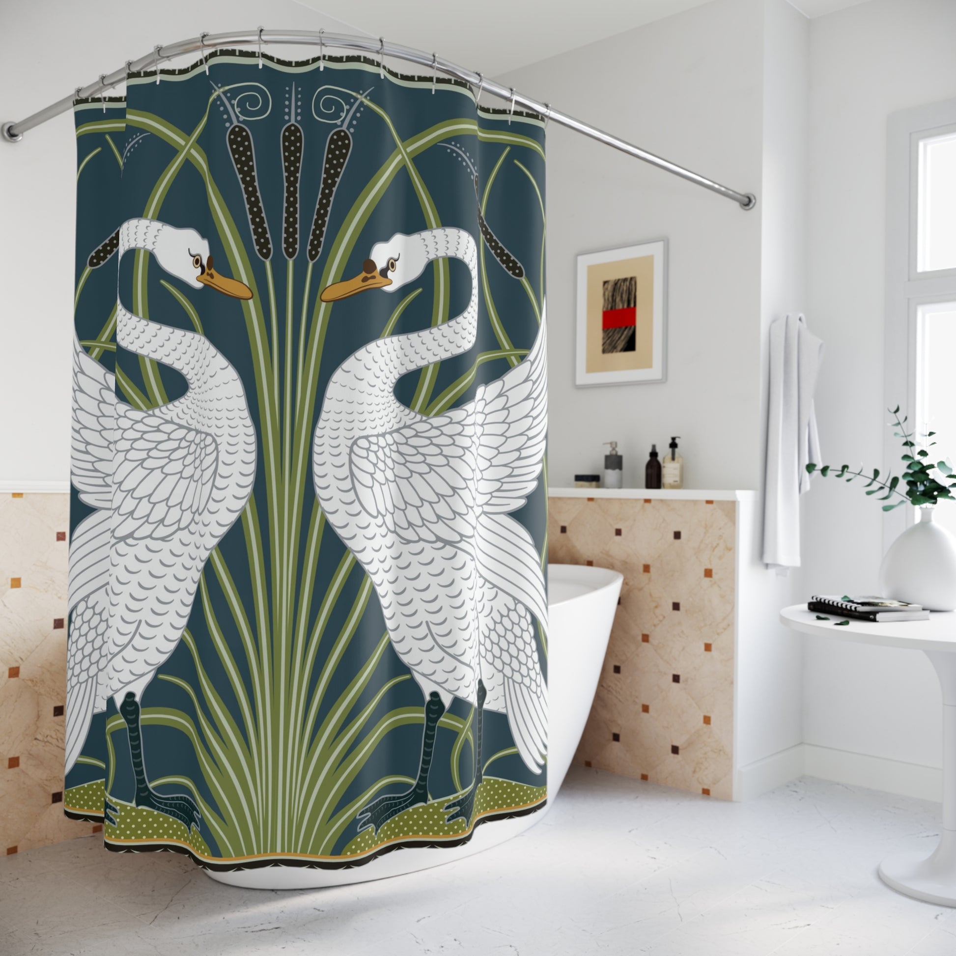 Shower curtain with swan design in a bathroom setting