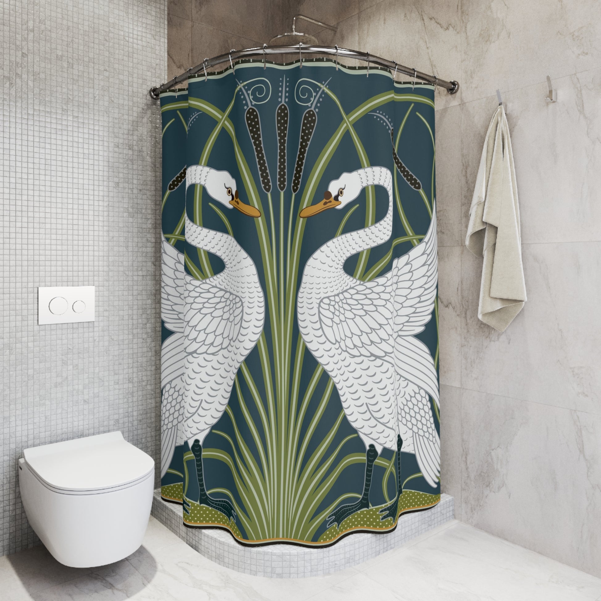 Shower curtain with swan design in a bathroom setting
