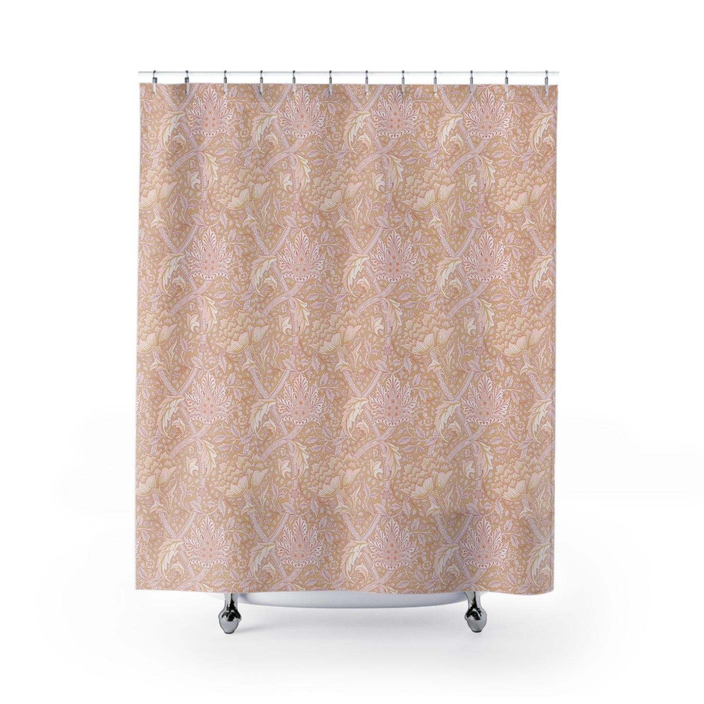 A shower curtain with a floral pattern in shades of pink and beige, inspired by the art of William Morris.