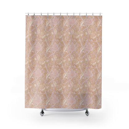 A shower curtain with a floral pattern in shades of pink and beige, inspired by the art of William Morris.