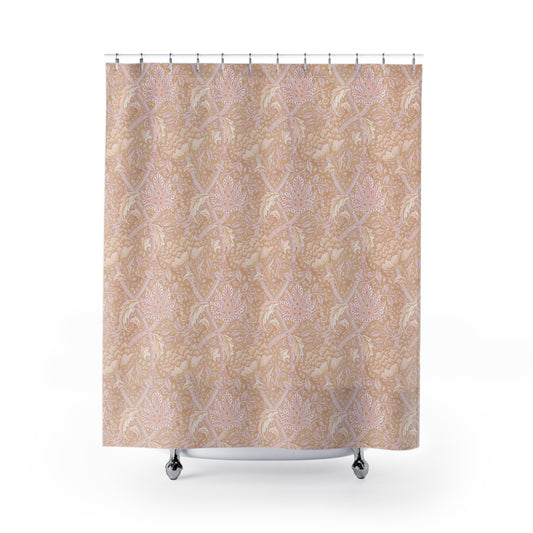 A shower curtain with a floral pattern in shades of pink and beige, inspired by the art of William Morris.