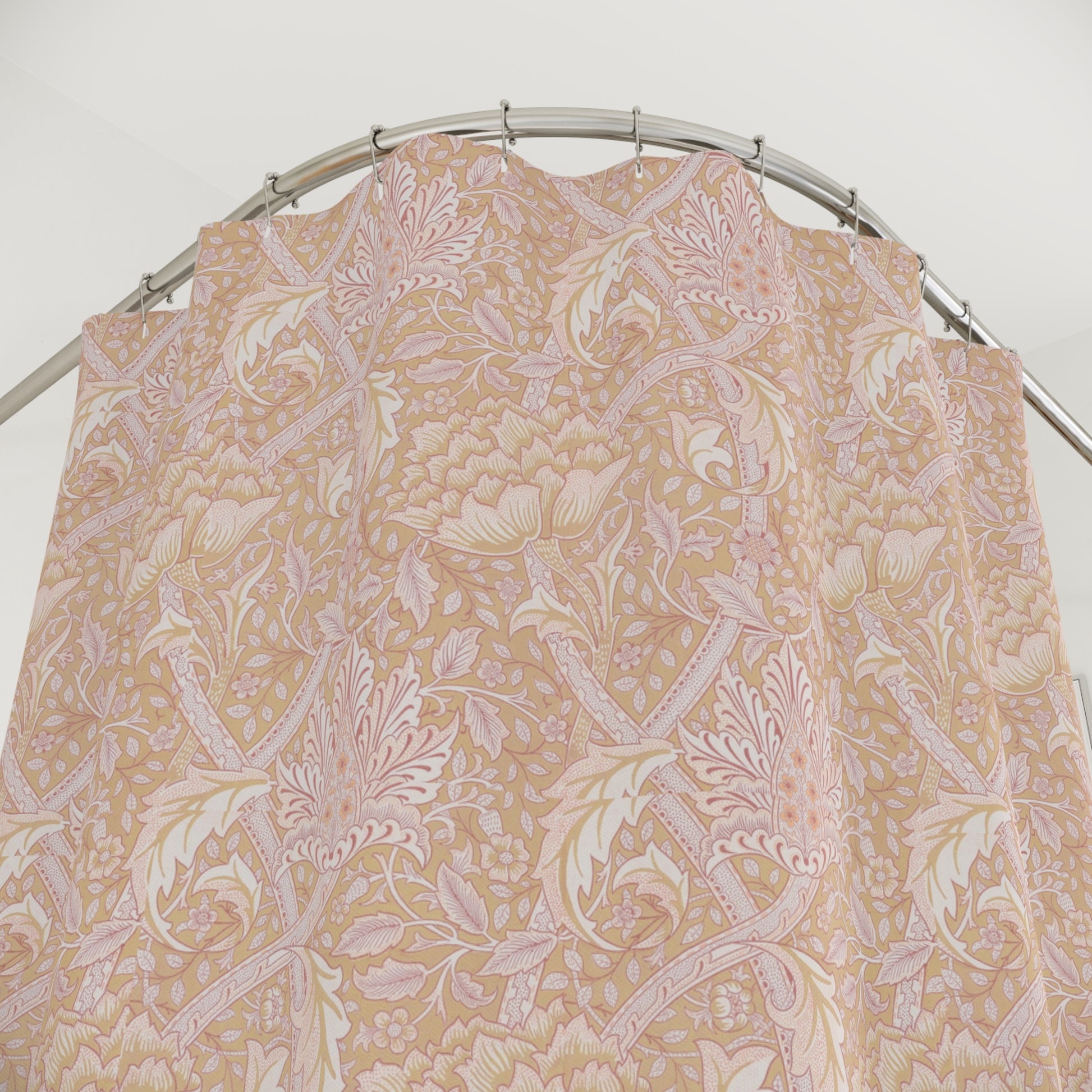 A shower curtain with a floral pattern in shades of pink and beige, inspired by the art of William Morris.