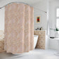 A shower curtain with a floral pattern in shades of pink and beige, inspired by the art of William Morris.