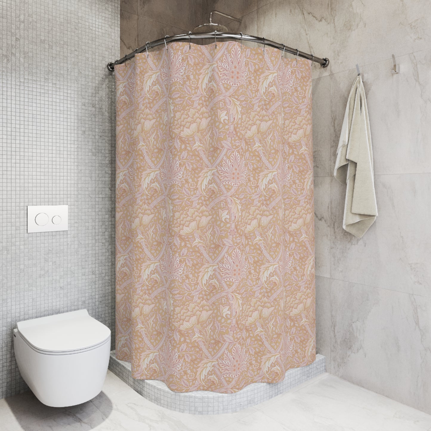 A shower curtain with a floral pattern in shades of pink and beige, inspired by the art of William Morris.