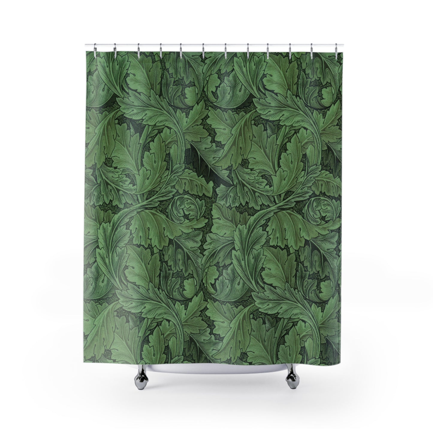 Shower curtain with green leaf pattern on a white background