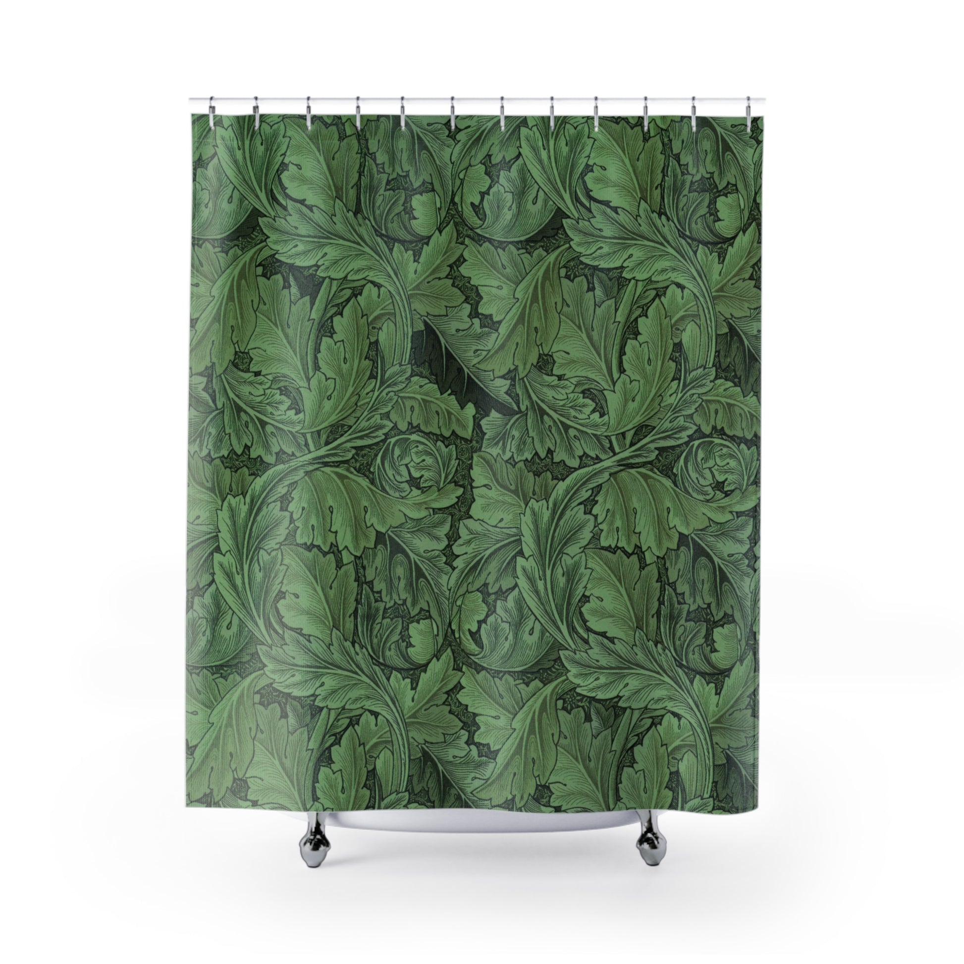 Shower curtain with green leaf pattern on a white background