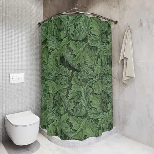 Bathroom with a floral-patterned shower curtain and a white toilet.