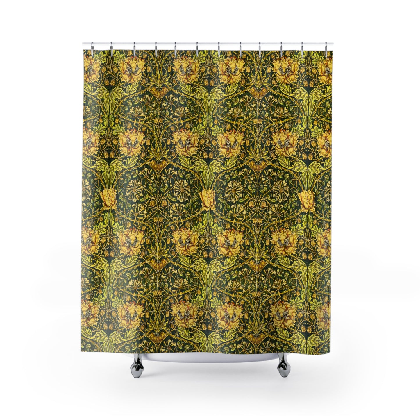 A shower curtain with a gold and green floral pattern inspired by the Victorian era and the art of William Morris.