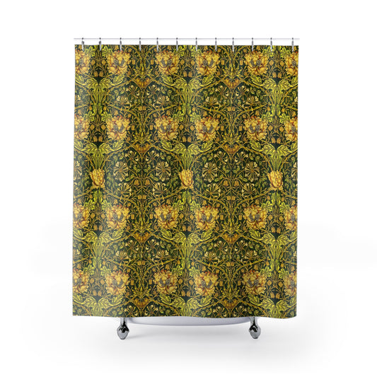 A shower curtain with a gold and green floral pattern inspired by the Victorian era and the art of William Morris.