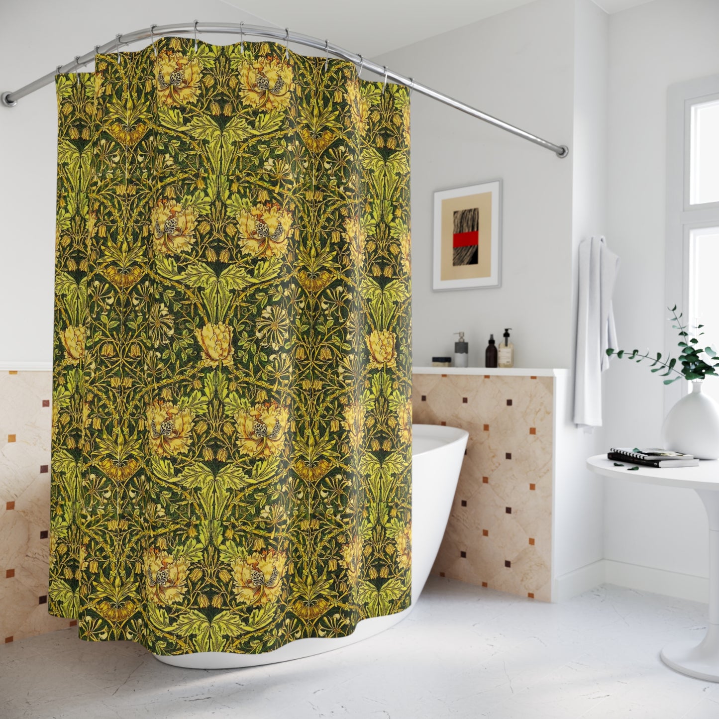 A shower curtain with a gold and green floral pattern inspired by the Victorian era and the art of William Morris.