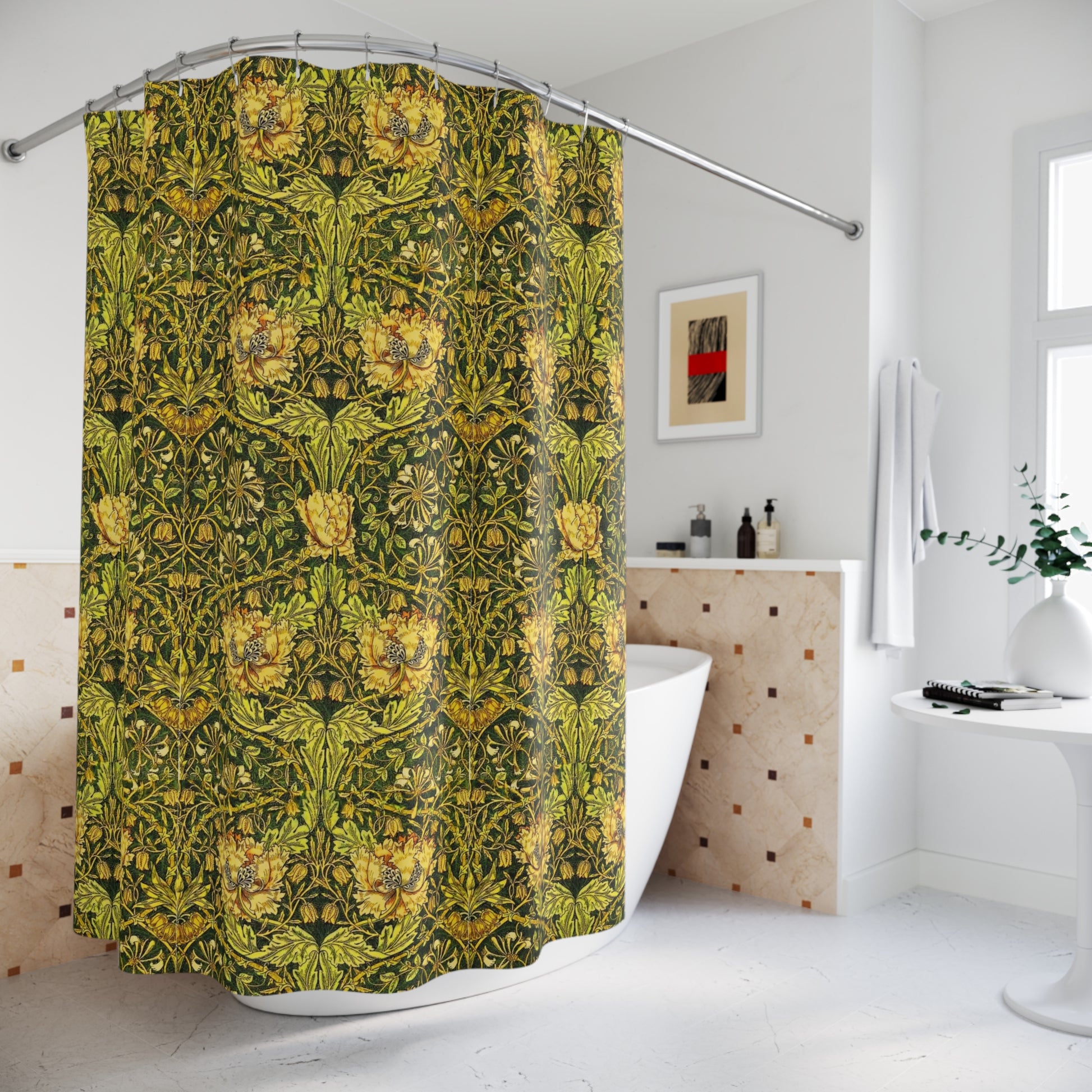 A shower curtain with a gold and green floral pattern inspired by the Victorian era and the art of William Morris.